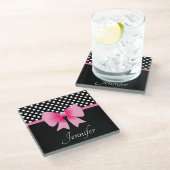 Dessous-de-verre En Verre Nom Pink Ribbon Noir & Blanc Pois (Incliné)