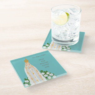 Dessous-de-verre En Verre Notre-Dame de Fatima et roses blanches