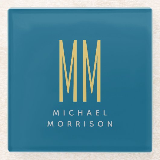 Dessous-de-verre En Verre Ocean Blue Gold Monogramme Lettres initiales Nom (Devant)
