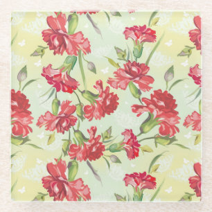 Dessous-de-verre En Verre Oeillets rouges sur le vert avec des papillons