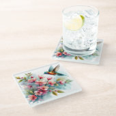 Dessous-de-verre En Verre OEuvre florale/printanière de colibri (Incliné)