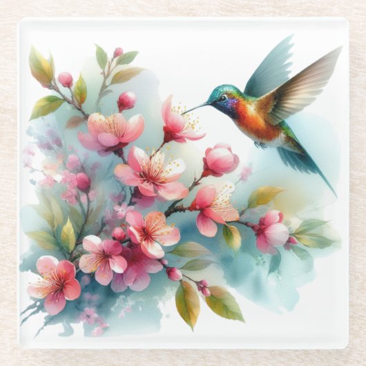 Dessous-de-verre En Verre OEuvre florale/printanière de colibri (Devant)