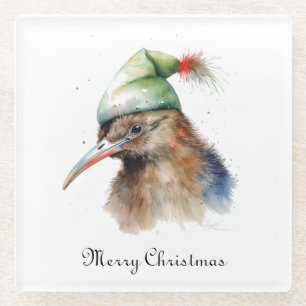 Dessous-de-verre En Verre Oiseau Kiwi mignon en Casquette elfe de Noël, cout
