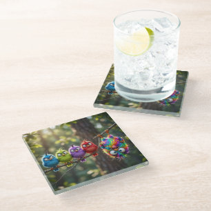 Dessous-de-verre En Verre Oiseaux colorés et duveteux