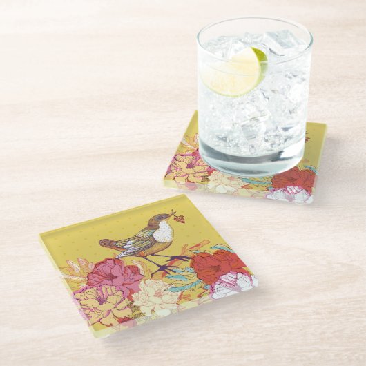 Dessous-de-verre En Verre Oiseaux et fleurs (Incliné)
