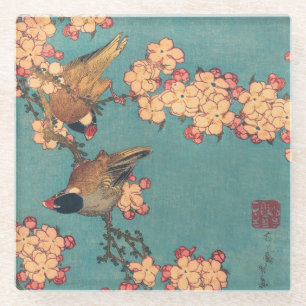 Dessous-de-verre En Verre Oiseaux Fleurs Hokusai Art Japonais