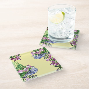 Dessous-de-verre En Verre Oiseaux folkloriques Fleurs Acorns