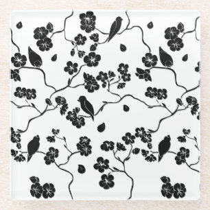 Dessous-de-verre En Verre Oiseaux Motifs noirs et blancs sur les fleurs de c