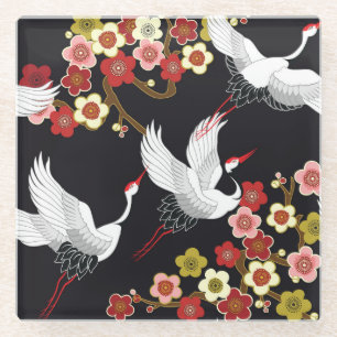 Dessous-de-verre En Verre Oiseaux volants : Heron de grue japonais.