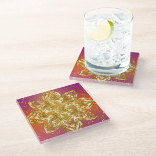 DESSOUS-DE-VERRE EN VERRE OMBRE ROSE ET JAUNE AVEC MANDALA OR