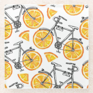 Dessous-de-verre En Verre Oranges à bicyclette : Motif d'été d'aquarelle