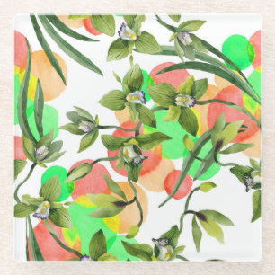 Dessous-de-verre En Verre Orchidées vertes : aquarelle florale sans soudure.