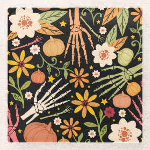 Dessous-de-verre En Verre Os d'Halloween, motif floral sans couture.
