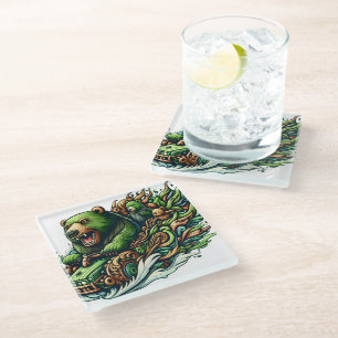 Dessous-de-verre En Verre Ours Animés à bord d'une voiture verte