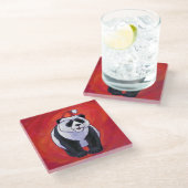 Dessous-de-verre En Verre Ours de panda à Santa Hat sur Rouge (Incliné)