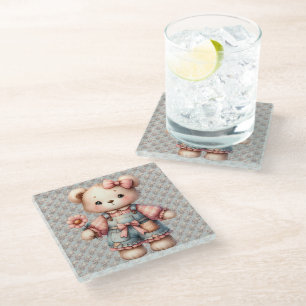Dessous-de-verre En Verre Ours en peluche pastel tenant une fleur et portant