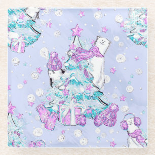 Dessous-de-verre En Verre Ours polaire mignon aquarelle et pingouin Noël