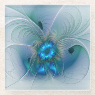 Dessous-de-verre En Verre Ovations debout, fractale bleue turquoise abstrait