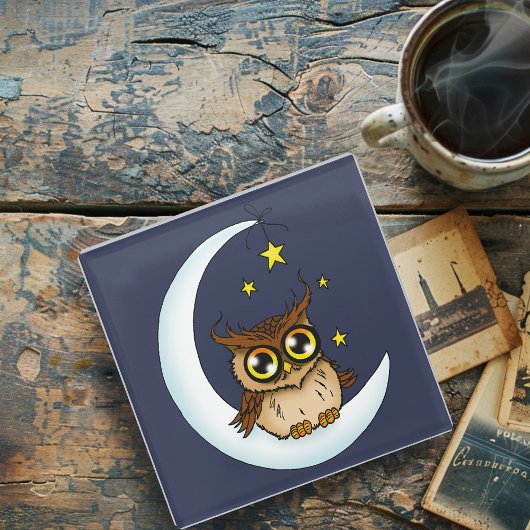 Dessous-de-verre En Verre Owl Moon Blue Cute Stars