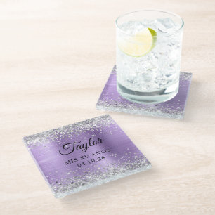 Dessous-de-verre En Verre Paillettes Argentées Lilas Clair Feuille Mis XV An