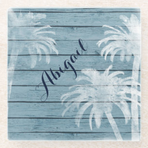 Dessous-de-verre En Verre Palmiers personnalisés sur la plage de bois rustiq