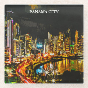 Dessous-de-verre En Verre Panama City By Night Aquarelle Peinture Skyline