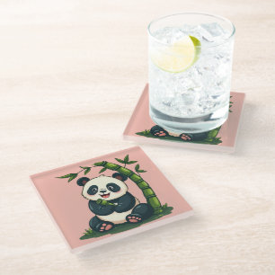Dessous-de-verre En Verre Panda Adorable Enlaçant Bambou - Art De Dessin Ani