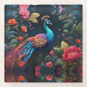 Dessous-de-verre En Verre Paon bleu élégant dans un jardin coloré