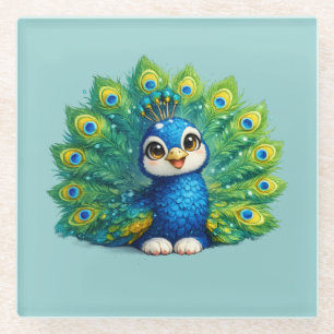 Dessous-de-verre En Verre Paon mignon avec grand yeux dessin d'oiseau Kawaii