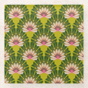 Dessous-de-verre En Verre Papier peint en lotus stylisé : rose, vert.