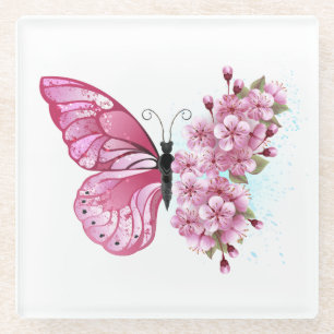 Dessous-de-verre En Verre Papillon à fleurs avec Sakura rose