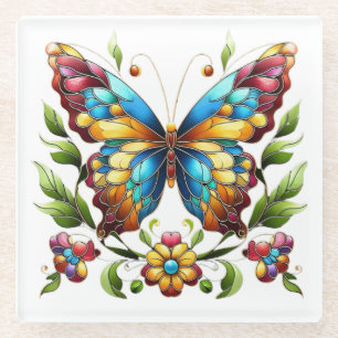Dessous-de-verre En Verre Papillon en vitrail coloré avec fleurs