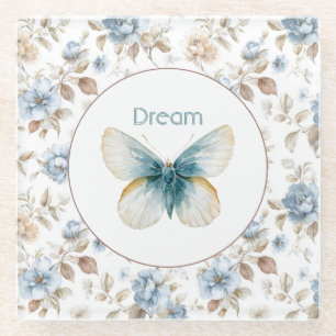 Dessous-de-verre En Verre Papillon Fleurs Marron Crème Bleu Tan