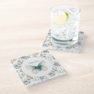 Dessous-de-verre En Verre Papillon Fleurs Marron Crème Bleu Tan