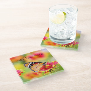 Dessous-de-verre En Verre Papillon Monarque sur Fleurs rouges et jaunes