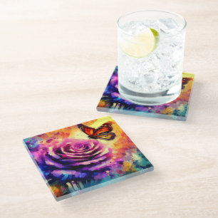 Dessous-de-verre En Verre Papillon monarque sur Rose violet au soleil coucha