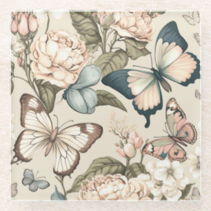 Dessous-de-verre En Verre Papillons et fleurs pastel