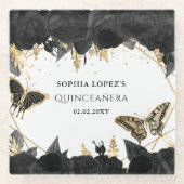 Dessous-de-verre En Verre Papillons floraux d'or noir Quinceanera (Devant)