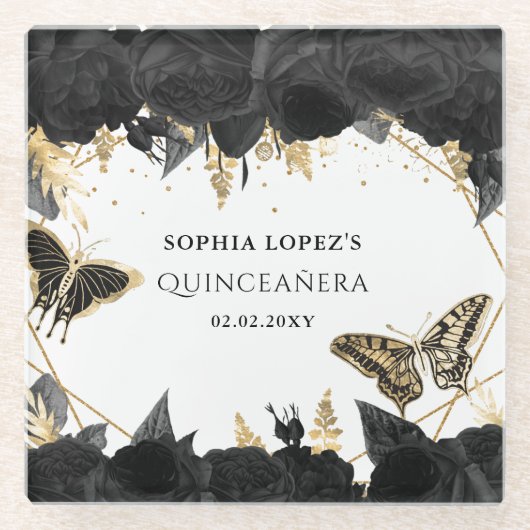Dessous-de-verre En Verre Papillons floraux d'or noir Quinceanera (Devant)