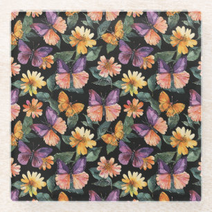 Dessous-de-verre En Verre Papillons roses violets Fleurs jaunes