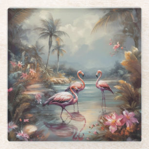 Dessous-de-verre En Verre Paradis botanique tropical embrumé de flamants ros