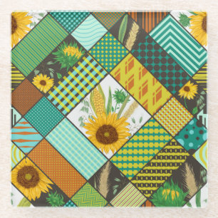 Dessous-de-verre En Verre Patchwork de céréales, tournesols, motif géométriq