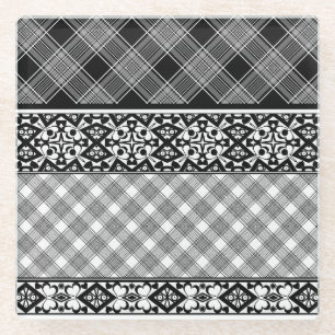 Dessous-de-verre En Verre Patchwork rayé noir et blanc avec dentelle