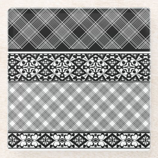 Dessous-de-verre En Verre Patchwork rayé noir et blanc avec dentelle (Devant)