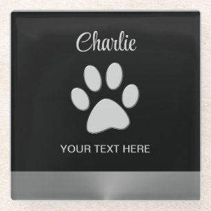 Dessous-de-verre En Verre Paw Chien Argent sur arrière - plan noir