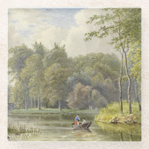 Dessous-de-verre En Verre Paysage avec personnages dans une petite barque à 