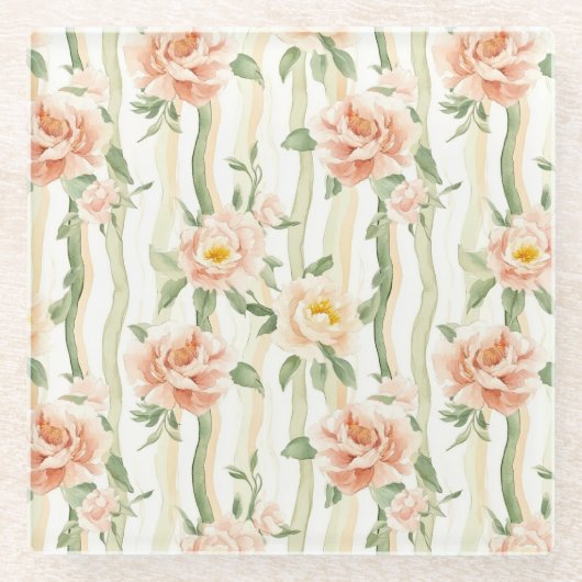 Dessous-de-verre En Verre Peach Mint Roses Floral Stripes Birthday (Devant)