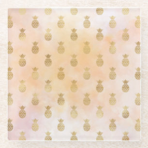 Dessous-de-verre En Verre Peach Pink Tropical Gold Pineappes