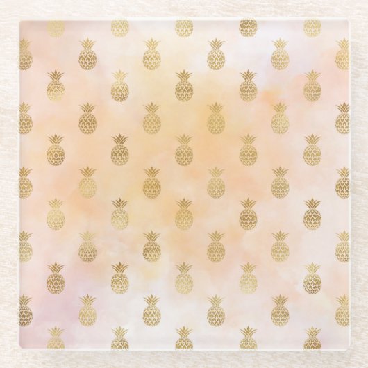 Dessous-de-verre En Verre Peach Pink Tropical Gold Pineappes (Devant)