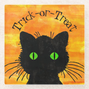 Dessous-de-verre En Verre Peeeking Chat noir Halloween Aquarelle Design
